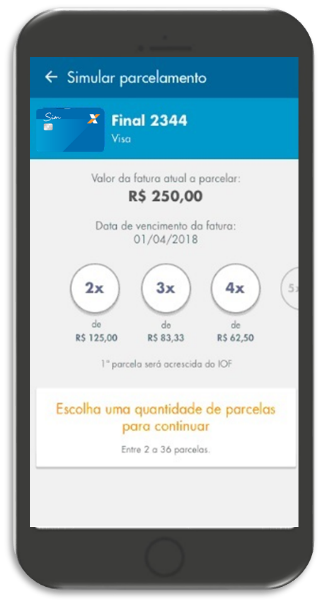 Celular com telas do parcelamento de fatura dos Cartões de Crédito CAIXA